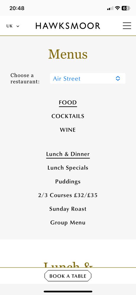 Hawksmoor menu in London