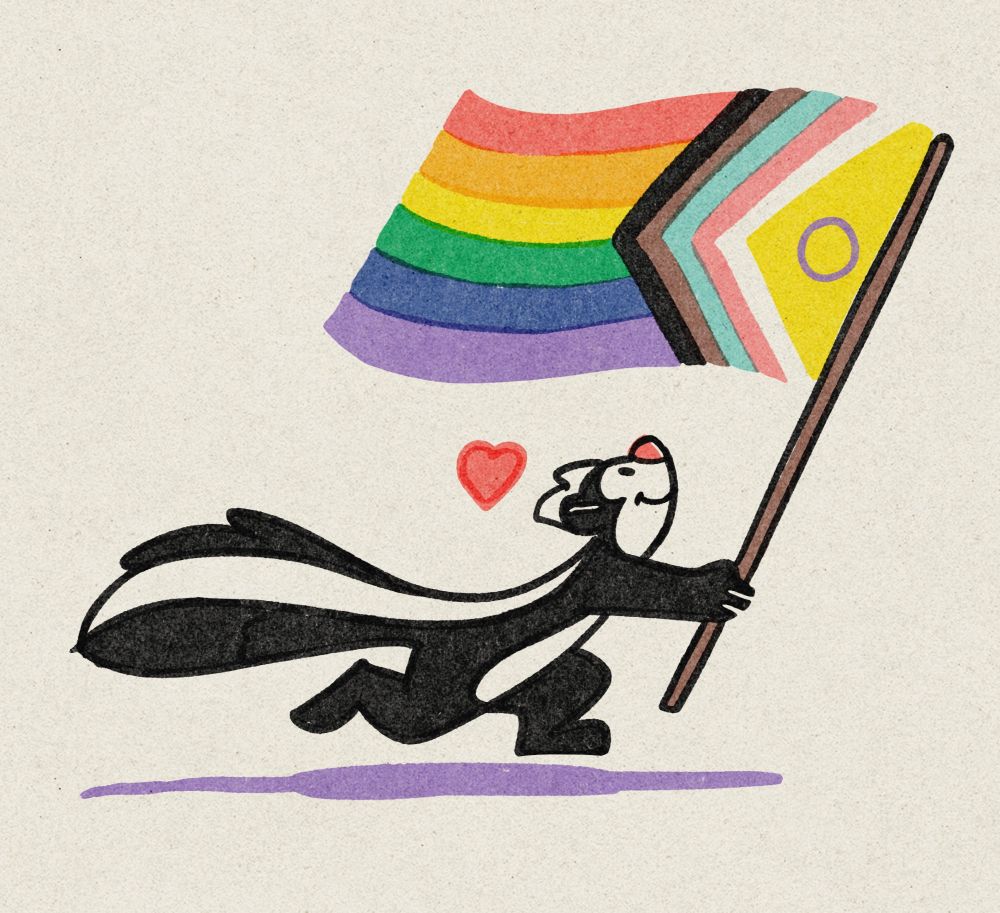 Stylized Cartoon Skunk carrying a big Pride Flag