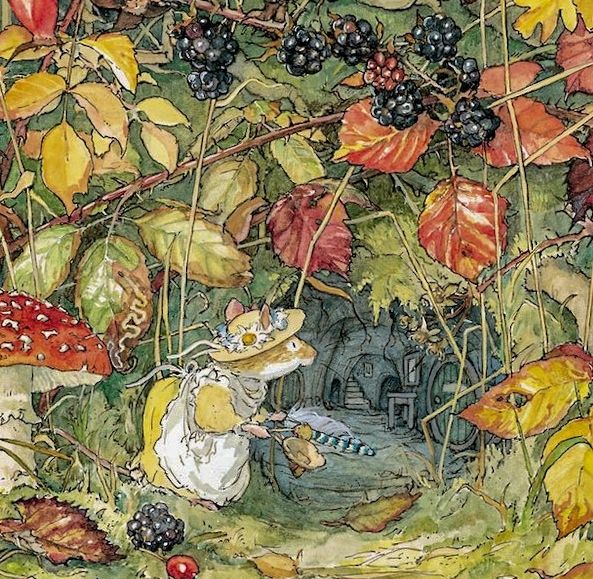 Primrose from the Brambly Hedge book series peering into a mystery tunnel (from Autumn Story by Jill Barklem) 