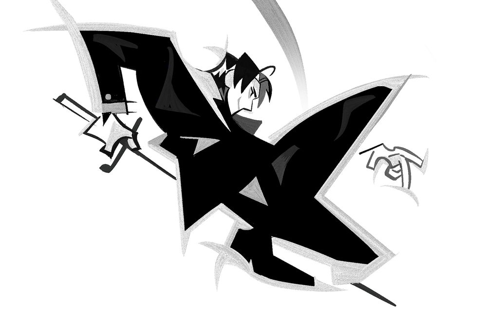 A digital drawing of Roland from Library of Ruina. He's striking a cool pose with his sword, which is done fully in black & white colors. There are extra gray lines meant to emphasize his movement but it's done in a wacky fashion. 