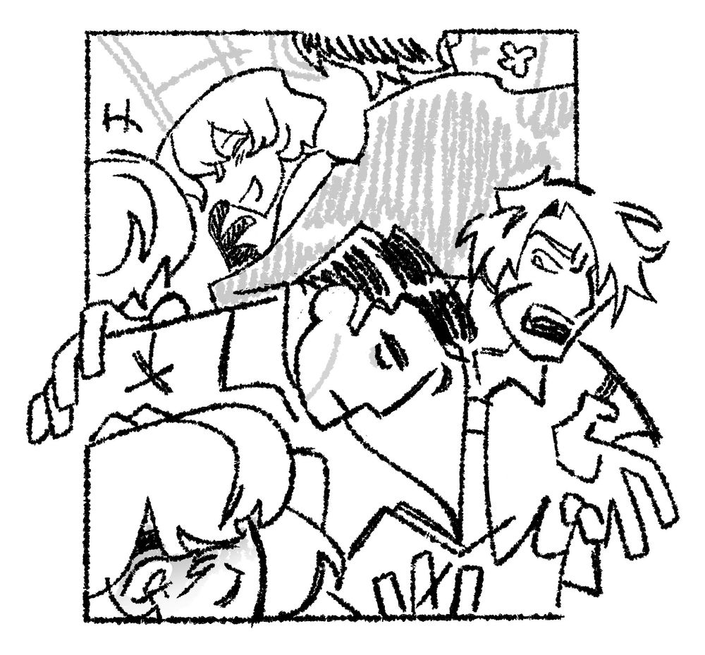 A digital drawing of sinners from Limbus Company, which is meant to focus on two trio's dynamics based on their seat placements on the bus.