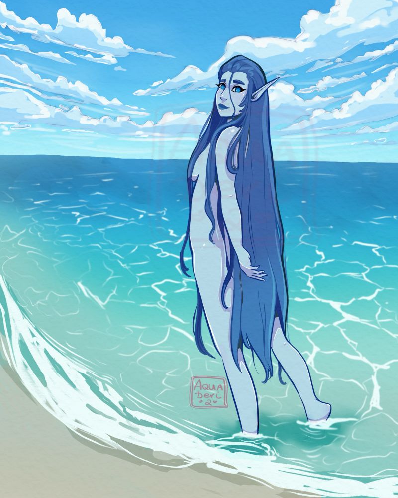 A nude, light blue nymph stands with her back to the viewer, looking over her shoulder towards us. Her hair is dark blue and hangs limply down past her knees. She is standing in beautiful blue ocean shallows, the horizon in the distance with blue sky and fluffy clouds. 