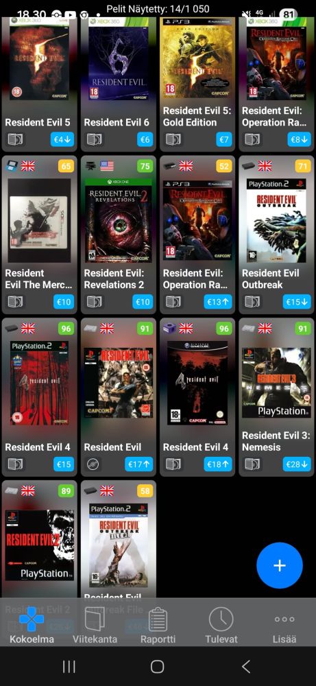 Kuvakaappaus pelikirjastosta jossa Resident Evil-pelejä.