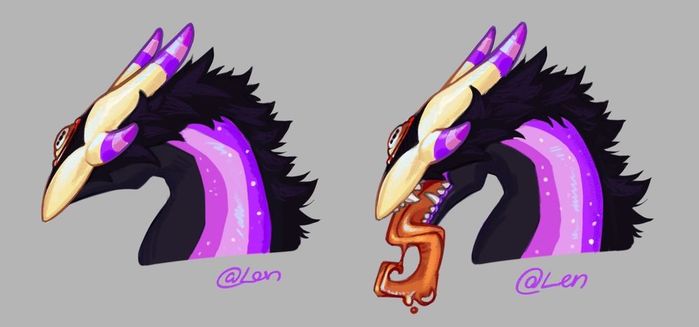 Artwork of a creature depicted in a side profile. There are two variants, one with open mouth and one closed. 