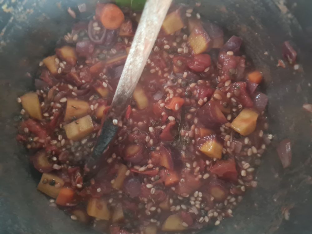 pearl barley and puy lentils in the stew