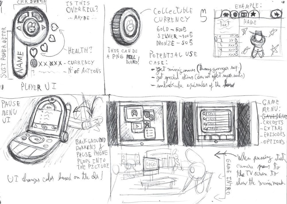 The Player Character UI, the currency for the extras shop, the Pause phone and finally the game's Intro and Main Menu!
The flip phone Pause UI is my personal favourite :)