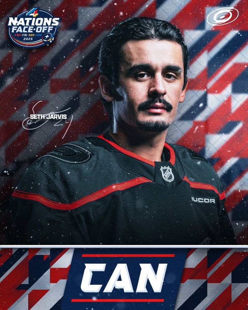 Graphic announcing Seth Jarvis being named to Team Canada for the 4 Nations Face-Off