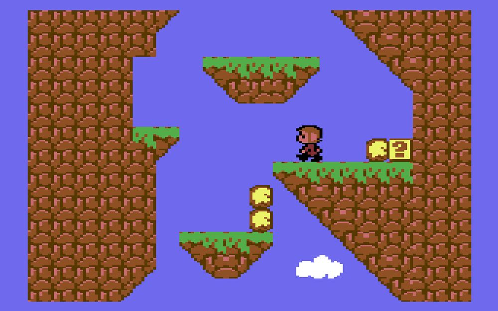 Pixel art mockup of a C64 conversion of Alex Kidd in Miracle World for Sega Master System. The player's sprite is walking toward the edge of a rocky ledge.
