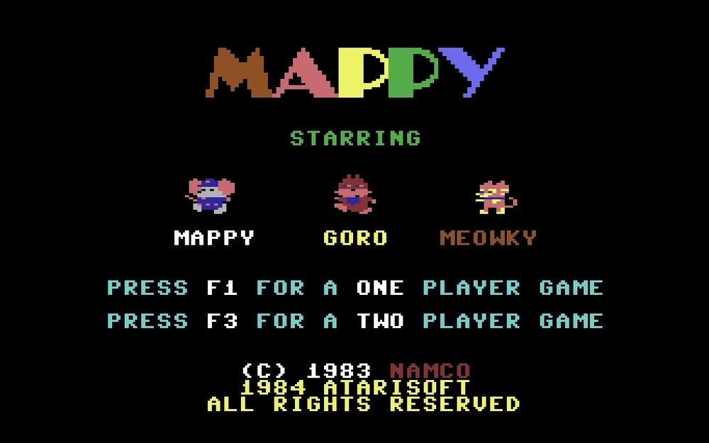 C64 pixel art mock up of a port of the arcade game Mappy. It shows the front end screen with the game's title, plus sprites for the player's Mappy the mouse, the enemy cat Meowky, and the boss cat Goro.