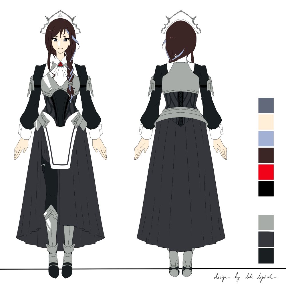 Reference sheet for Maid-Knight Penrost. They have long, brown, braided hair with a grey streak, and grey eyes. Their outfit is a combination of a maid uniform with armour, including a breastplate, corset, and a maid headdress with metal trim. At their neck is an amulet with a red triangle symbol, being used to hold their cravat in place. Art by lili_lyrical.
