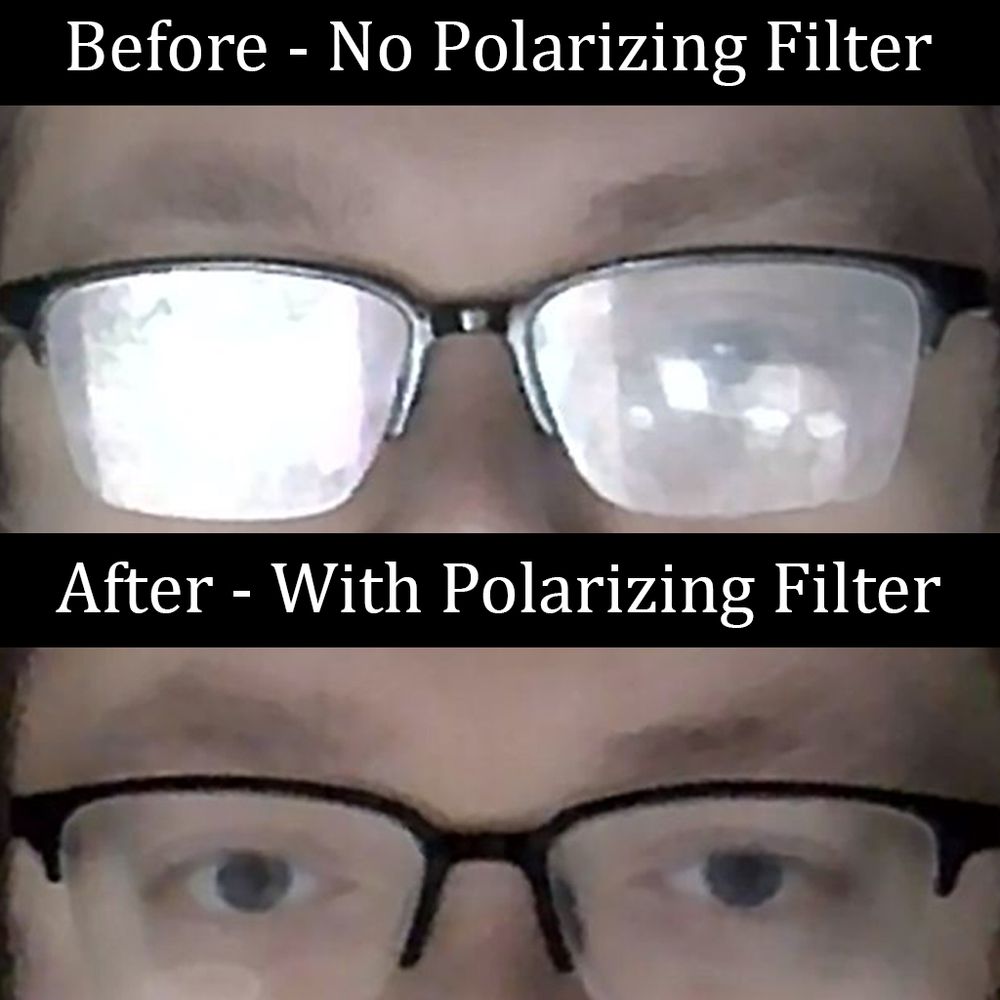 Two sets of eyes with glasses. The top set of eyes, labelled "Before - No Polarizing Filter", are almost completely obscured by glare. The bottom set of eyes have minimal glare and are plainly visible.
