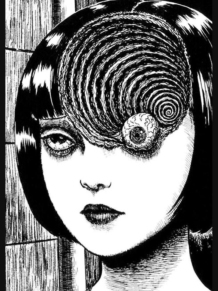 a still from junji ito’s iconic horror manga “uzumaki” showing a person with a large spiral sucking one of their eyeballs into their own head 