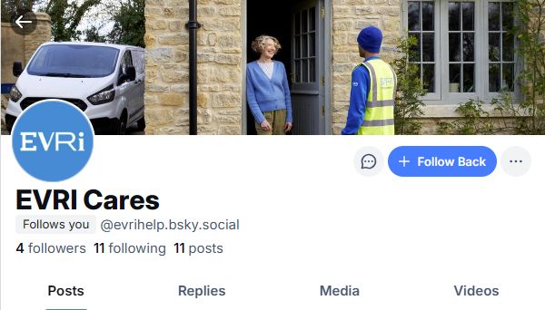 Header of fake Evri Bluesky account, showing less than 20 combined followers/followed.