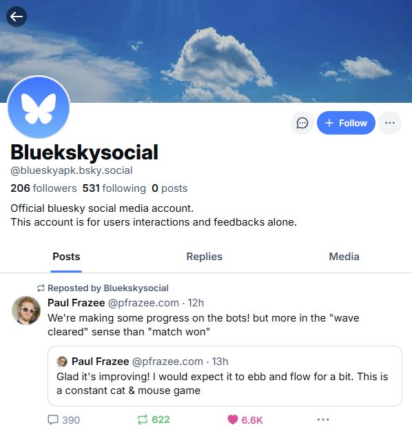 Screenshot of fake Bluesky account pretending to be an official Bluesky account.