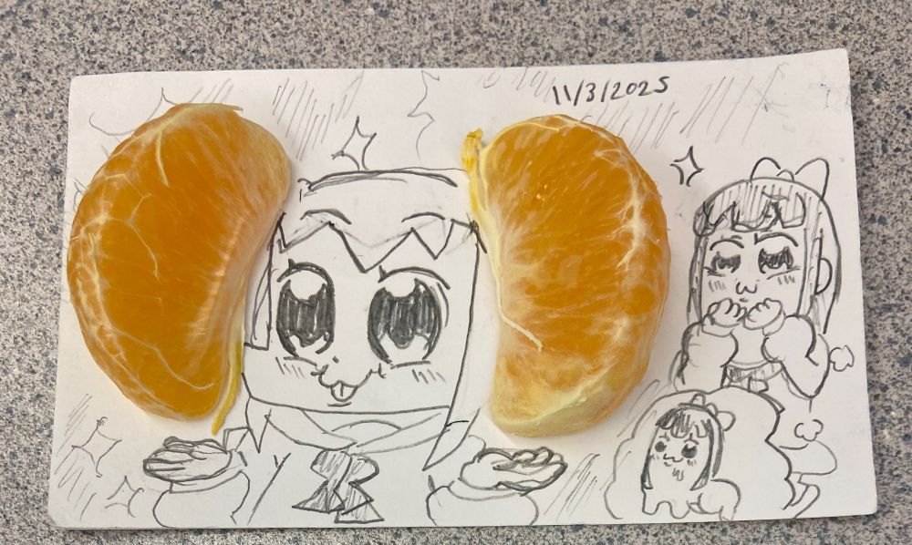 Popuko (first series of the manga) with orange slices as her long pigtails, with a bright smile and her tongue sticking out, while pipimi, from behind, adores her and blushes gently, a thought bubble comes from her wishing she could eat the hair slices as a little mixed human with fours on the ground)
