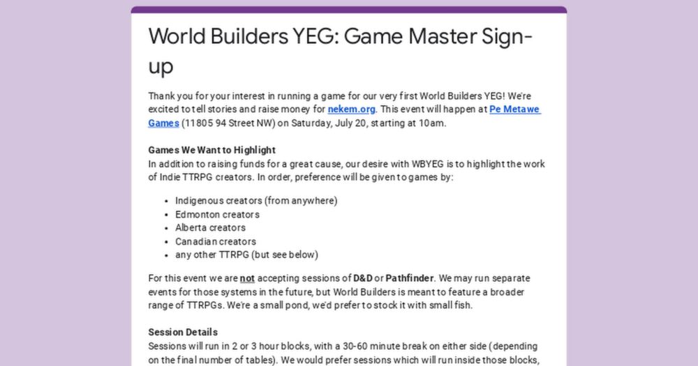 World Builders YEG: Game Master Sign-up