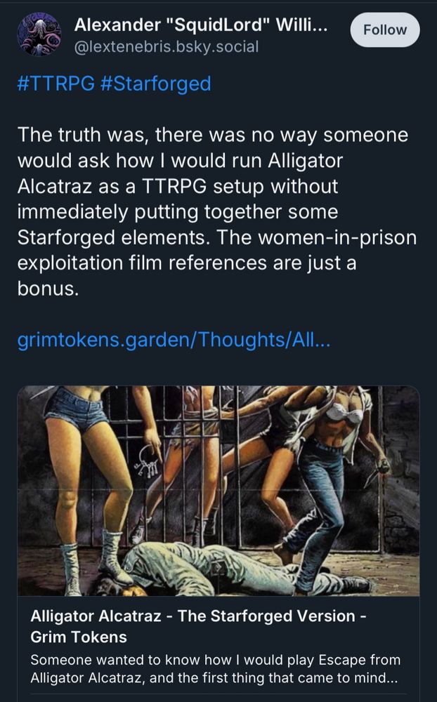 Image of a post by @lextenebris.bsky.social proposing the concentration camps being built in Florida would be suitable as a game scenario for Starforged. Post also uses AI images of imprisoned women. Block and avoid.
