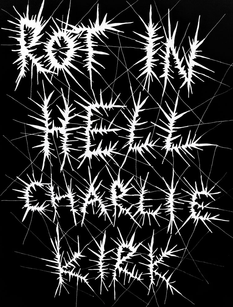 rot in hell charlie kirk in hand drawn white death metal font on black background