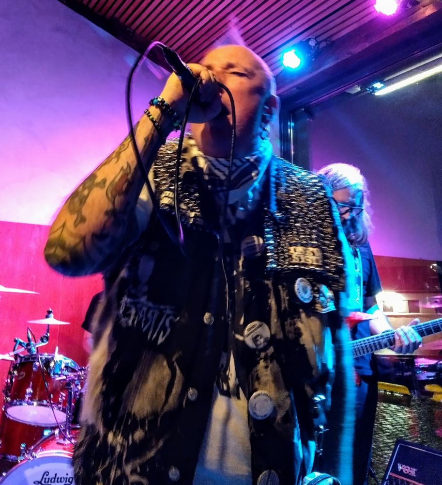 the vocalist, wearing a battle vest and a pink mohawk screaming in the mic