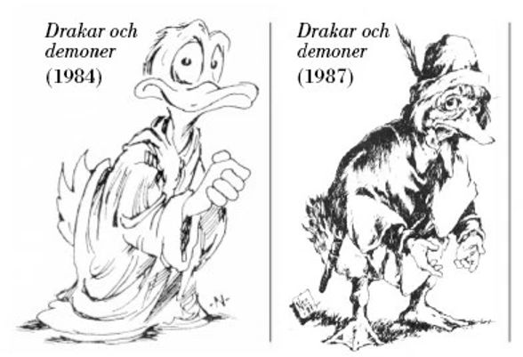 illustrations in black and white of the duck race in drakar och demonar. to left is the 1984 version which is a straight up donald duck copy, while the 1987 version on the right has been modified to be a little less blatant