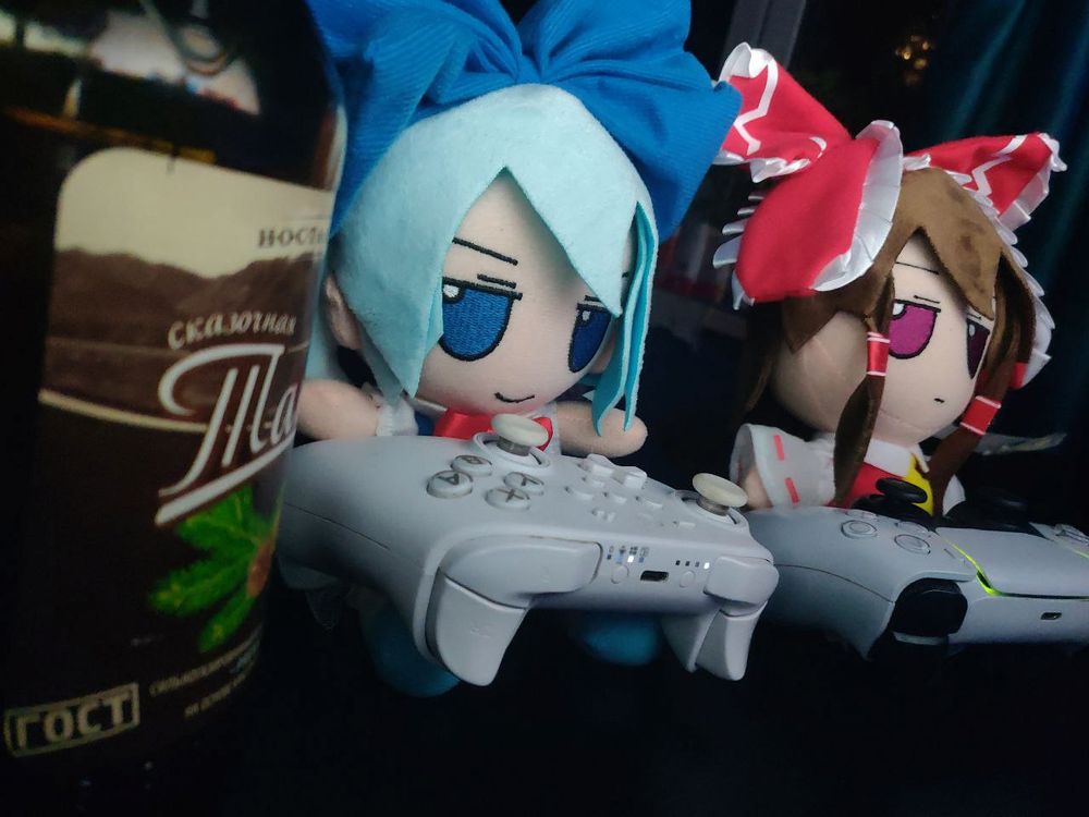 fumo cirno and fumo reimu sitting in front of a monitor playing rivals of aether as themselfs (front photo with controllers and bottle in sight)