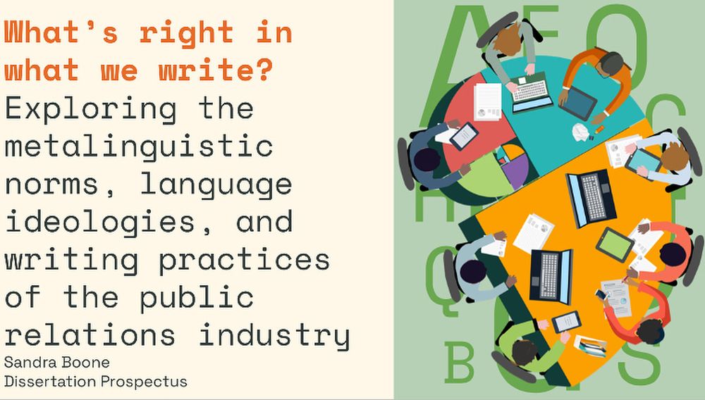 A PowerPoint slide with the text "What’s right in what we write? Exploring the metalinguistic norms, language ideologies, and writing practices of the public relations industry; Sandra Boone, Dissertation Prospectus; June 2025." Next to it is a drawing of people working on laptops, shown from above.