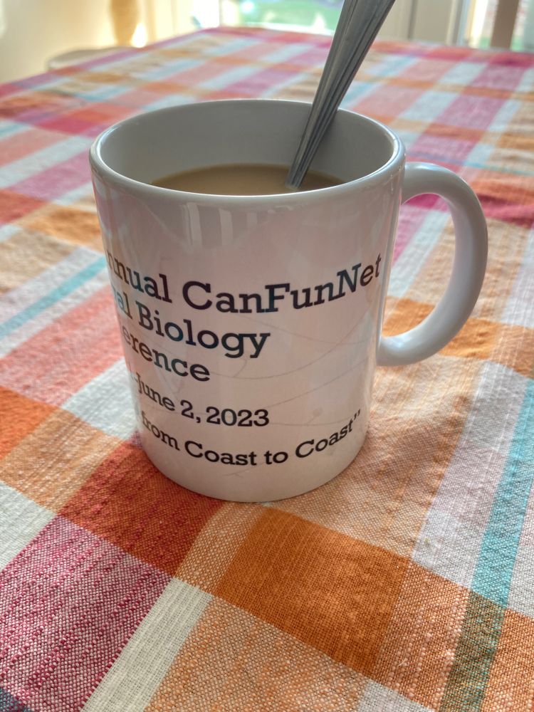 A mug that says “4th Annual CanFunNet Fungal Biology Conference” and has the date June 2, 2023. The last line of text on the mug reads “from coast to coast”