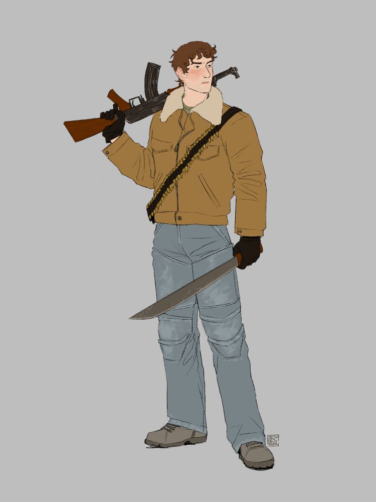 A flat color drawing of a young man with an AK-47 perched on his shoulder and a machete in his hand. He is pale with brown messy hair and brown eyes. He wears a light brown winter jacket, a bullet bandolier, and biker jeans. 