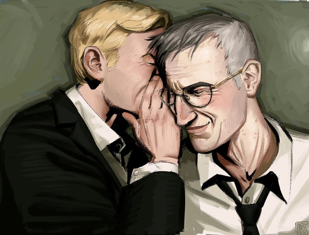 A digital painting of two older men, the one on the right is blonde and wearing a suit, he's cupping his hand to whisper to the other man. The man on the left has grey hair and a receding hairline, he wears rounded glasses and a white dress shirt, leaning in to hear what's being whispered. He has a sly smile on his face. The picture is rendered to look like flash photography. 