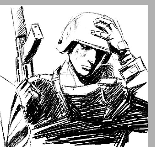 A black and white sketch of a soldier character, he is in harsh lighting that obscures half his face, he holds a gun upright beside him. His other hand is upon his helmet, his expression is stern. His eye is represented by an eery pin prick of white.