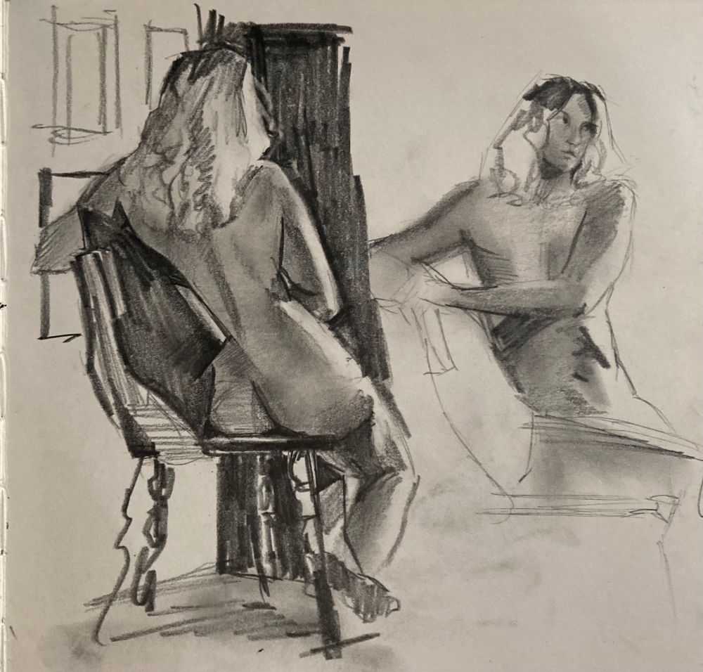 A page of realistic graphite drawings. On the left is a nude woman seated with her back facing the viewer. On the right is the same woman seated facing the viewer, although this drawing is only partially rendered