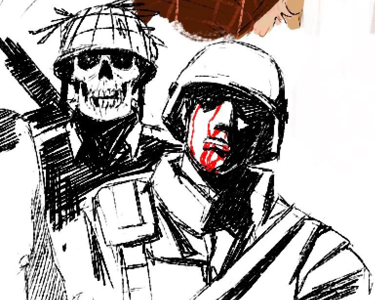 A black and white sketch of two soldier characters. The closest has his head leaned back, half his face obscured by harsh lighting. He appears distraught, one eye is represented by a pin prick of white. Blood runs down his face in bright red. Behind him, the ghost of a soldier peers over his shoulder. Instead of a face, there is only a menacing battered skull beneath its helmet. 