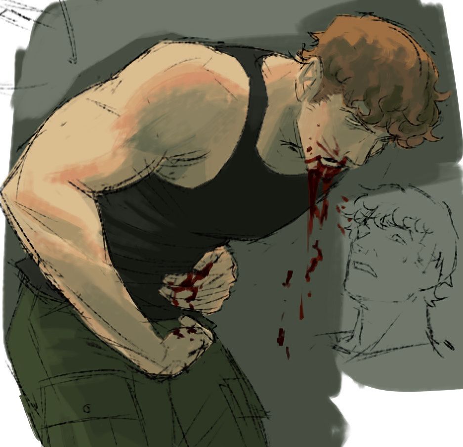 A young muscular man with light brown hair and pale skin keels over holding a gut wound, blood is spilling from his mouth. he is lit from behind and wearing a black tank top with army green cargos. Beside the colored drawing is a sketch of the same character making a distraught expression. 