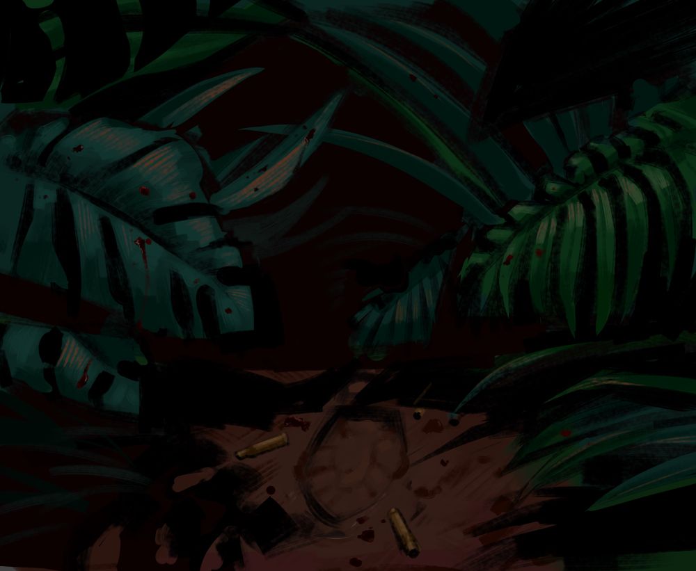 A foreboding digital painting of dense, dark jungle undergrowth framing a patch of dirt with a boot print and scattered bullet shells. There are subtle splatters of blood on the fronds and leaves in the scene. 