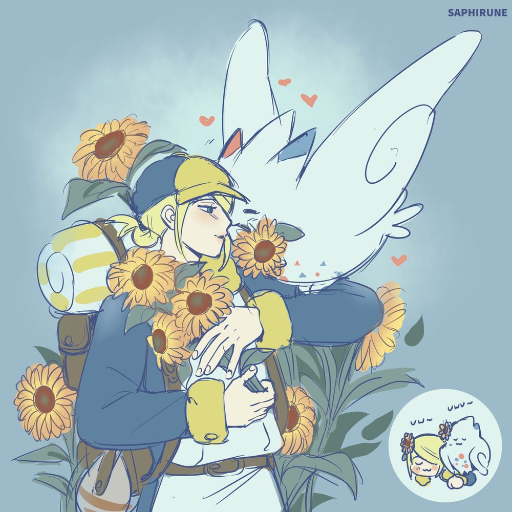 sketch of volo from pokemon with the pokemon togekiss. he is holding sunflowers, while surrounded by them in the background. togekiss is also holding a sunflower in its mouth and is nuzzling volo affectionately. in the bottom screen right corner, there is a small doodle with both volo and togekiss. they both have the "uwu" expression on their face.
