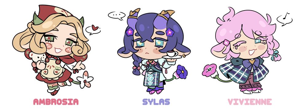 chibi art of my three characters, from left to right: ambrosia, sylas and vivienne. ambrosia has blond hair and is wearing a red dress, with an apple pie themed apron. sylas has purple hair in a side braid, and is dressed like a waiter. vivienne has pink hair, with a similar braid to sylas. she is wearing a plaid cloak. all three characters have sheep like ears and hooves, and a tail that blooms into a flower. 

the characters are a part of the closed species, cossetlings. 