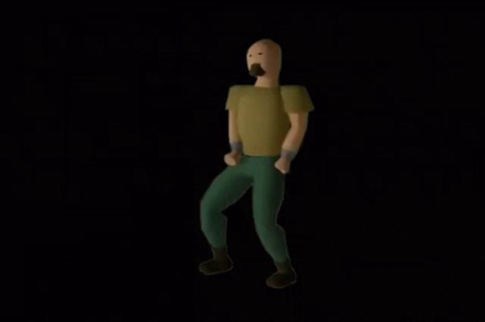 a 3d rendering of a man in a yellow shirt and green pants is dancing on a black background .