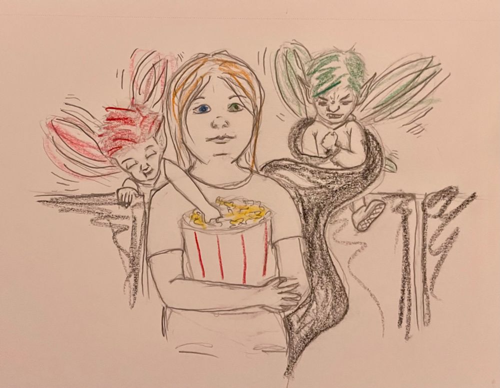 Eris sitting and enjoying a movie at the theater. Shade, her shadow sister, is restraining Zero Day the tech-pixie on one side while Threadripper, another tech-pixie, sneaks popcorn from the other side. Eris doesn’t notice. 