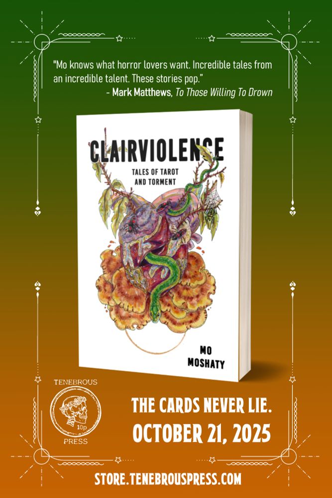 CLAIRVIOLENCE cover art by Bri Crozier; illustartion of a rotting heart surrounded by vegetation; a snake slithers out from within. Blurb by Mark Matthews: 