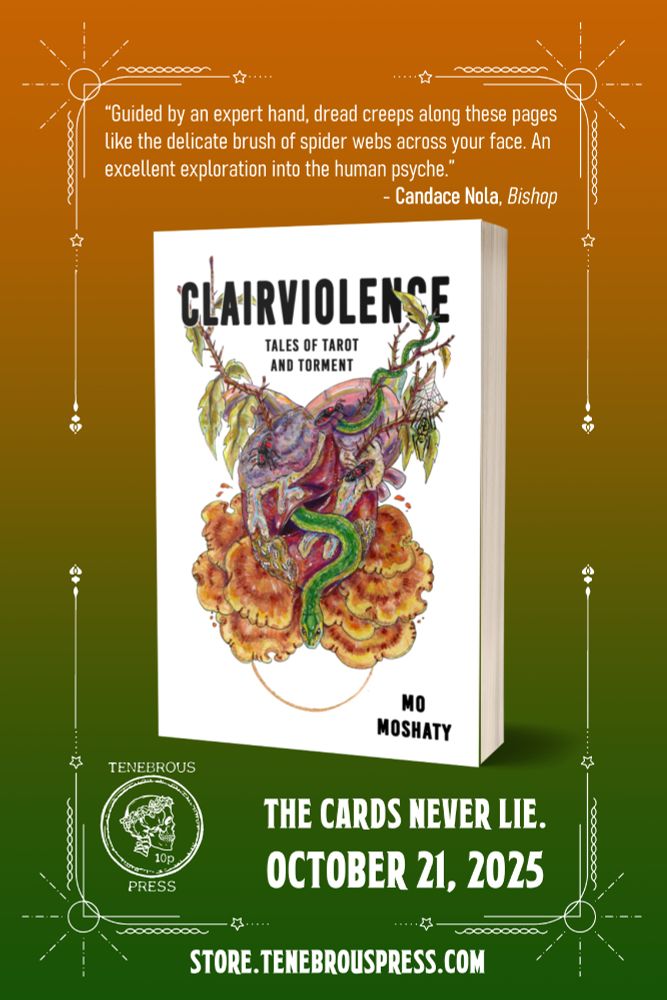 Cover art for CLAIRVIOLENCE: by Bri Crozier; flora and fungi sprout from a diseased illustrated heart; a green snake slithers out. Blurb from Candace Nola.