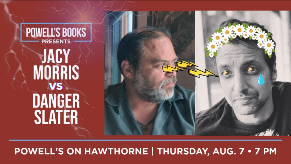 An adulterated version of Jacy's reading at Powells; he's shooting eye lightning bolts at Danger Slater, who looks wholesome with a flower laurel, teardrop falling from his starry eyes