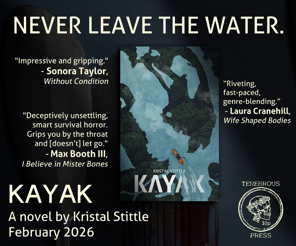 Cover art for KAYAK: aerial view looking down on a tiny kayaker on the water paddling into a grouping of islands shaped like a monstrous skull.