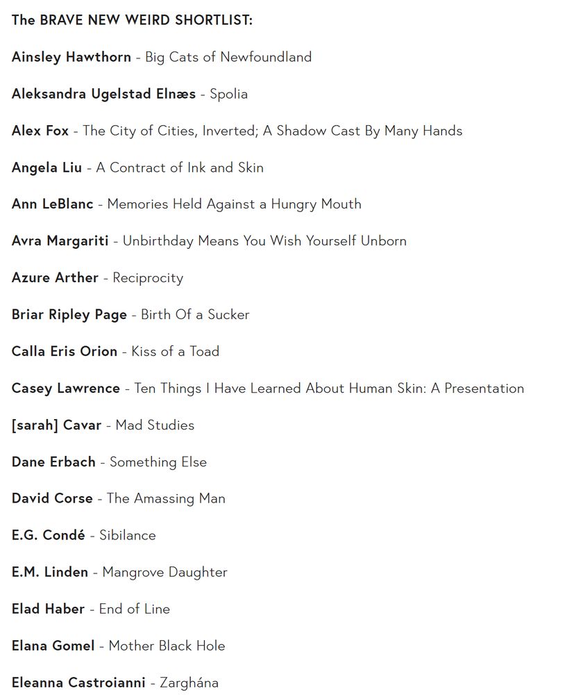 The BRAVE NEW WEIRD SHORTLIST:

Ainsley Hawthorn - Big Cats of Newfoundland

Aleksandra Ugelstad Elnæs - Spolia

Alex Fox - The City of Cities, Inverted; A Shadow Cast By Many Hands

Angela Liu - A Contract of Ink and Skin

Ann LeBlanc - Memories Held Against a Hungry Mouth

Avra Margariti - Unbirthday Means You Wish Yourself Unborn

Azure Arther - Reciprocity

Briar Ripley Page - Birth Of a Sucker

Calla Eris Orion - Kiss of a Toad

Casey Lawrence - Ten Things I Have Learned About Human Skin: A Presentation

[sarah] Cavar - Mad Studies

Dane Erbach - Something Else

David Corse - The Amassing Man

E.G. Condé - Sibilance

E.M. Linden - Mangrove Daughter

Elad Haber - End of Line

Elana Gomel - Mother Black Hole

Eleanna Castroianni - Zarghána