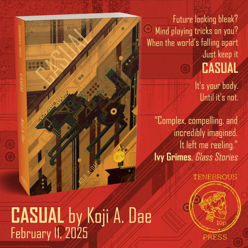 CASUAL by Koji A Dae
The cover art features a digital fox against an orange and red background of circuits. 
Quote from author Ivy Grimes: "Complex, compelling and incredibly imagined. It left me reeling."