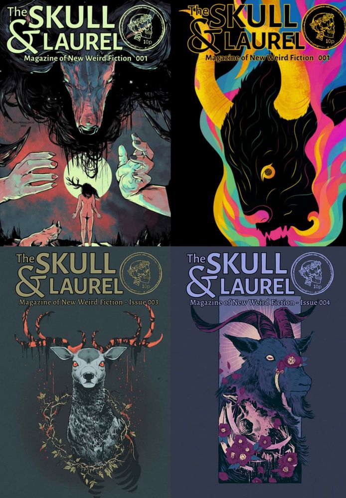 Four magazine covers all together. Each says "The Skull and Laurel" in a color that matches the art and each displays the tenebrous logo.