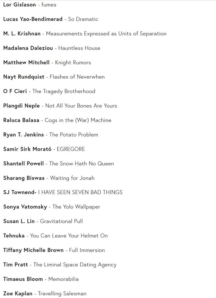 Lor Gislason - fumes

Lucas Yao-Bendimerad - So Dramatic

M. L. Krishnan - Measurements Expressed as Units of Separation

Madalena Daleziou - Hauntless House

Matthew Mitchell - Knight Rumors

Nayt Rundquist - Flashes of Neverwhen

O F Cieri - The Tragedy Brotherhood

Plangdi Neple - Not All Your Bones Are Yours

Raluca Balasa - Cogs in the (War) Machine

Ryan T. Jenkins - The Potato Problem

Samir Sirk Morató - EGREGORE

Shantell Powell - The Snow Hath No Queen

Sharang Biswas - Waiting for Jonah

SJ Townend- I HAVE SEEN SEVEN BAD THINGS

Sonya Vatomsky - The Yolo Wallpaper

Susan L. Lin - Gravitational Pull

Tehnuka - You Can Leave Your Helmet On

Tiffany Michelle Brown - Full Immersion

Tim Pratt - The Liminal Space Dating Agency

Timaeus Bloom - Memorabilia

Zoe Kaplan - Travelling Salesman