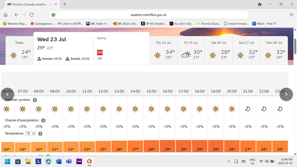 Met office forecast for toronto, showing temps in mid 30's Celsius all week.
