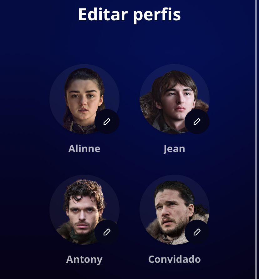 print da tela dos perfis do app max mostrando:

alinne - foto de Arya 
jean - foto de Bran
antony - foto de Robb
convidado - foto de Jon snow 