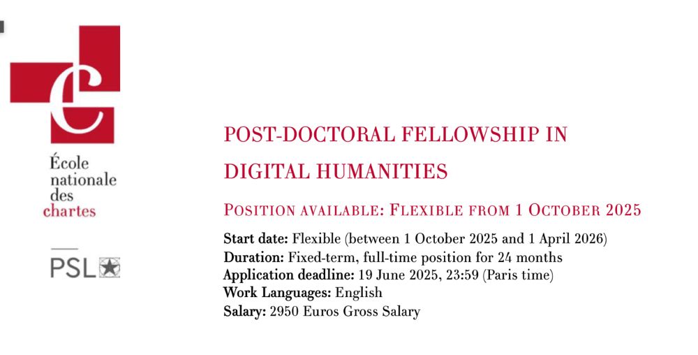 Job Ad text with the logo of École national des chartes: Post-doctoral fellowship in Digital Humanities. Position available: flexible from 1 October 2025.