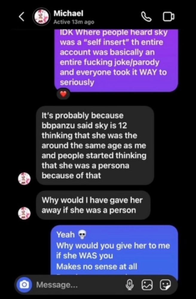 Micheal ranting to kitsuneskulls (skys at the time owner) about people assuming sky was a self insert and confirming she was meant to be a parody of fangirls and is an oc